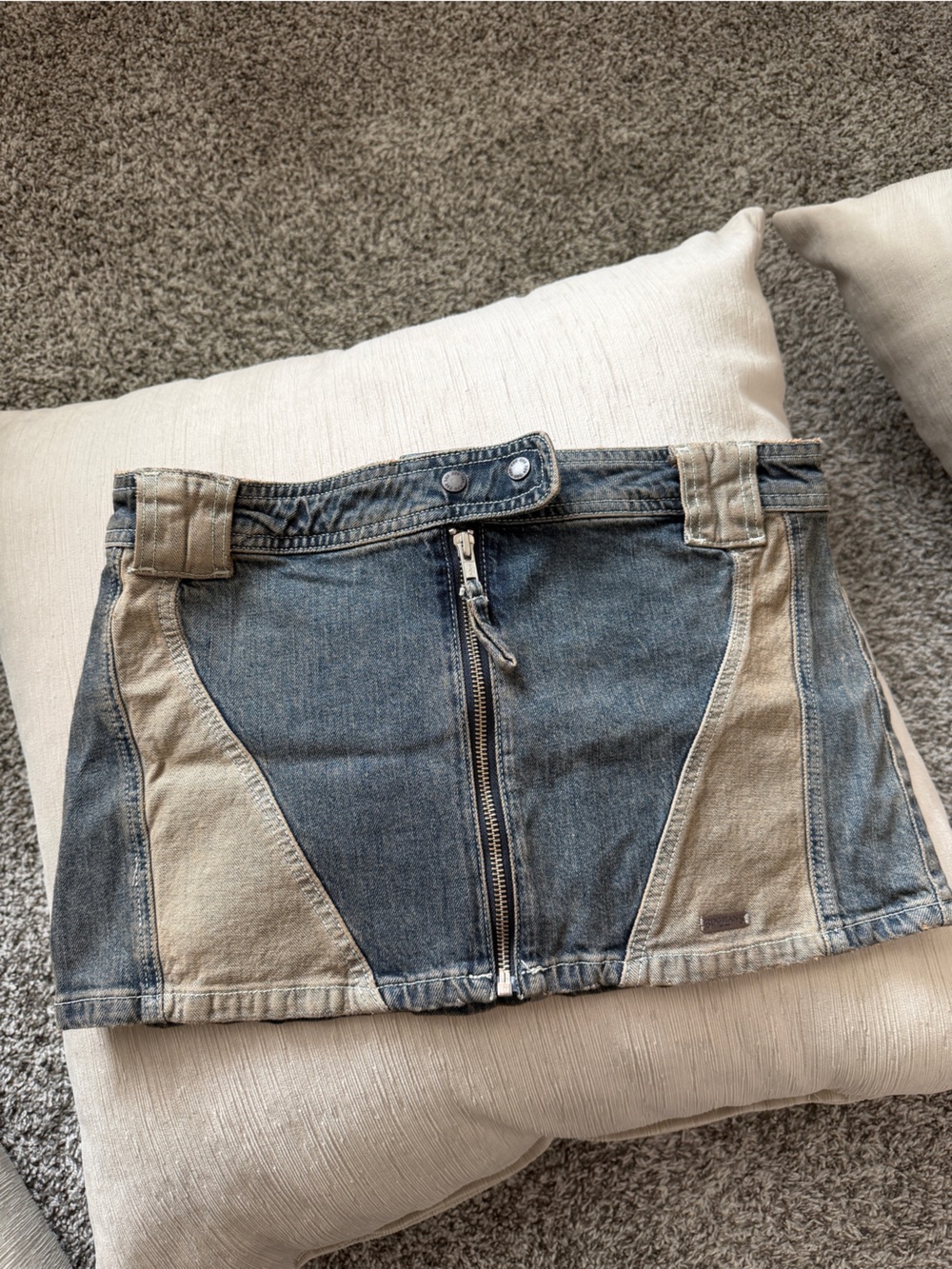 BDG Two-Tone Denim Mini Skirt in Blue and Tan